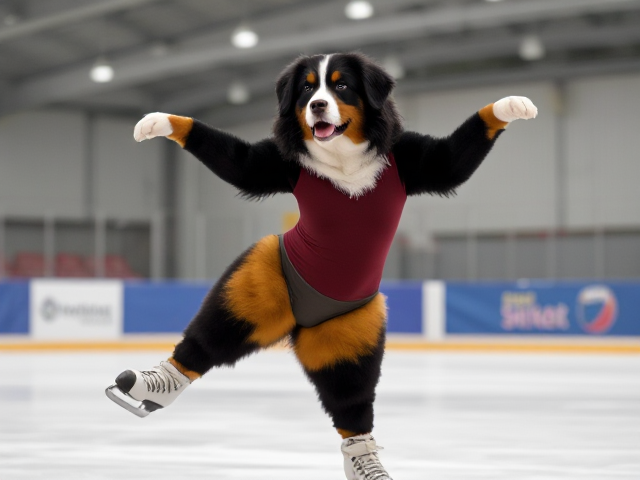 A anthropomorphic Bernese mountain dog with large hips ice skating wearing a gymnastics leotard in a ice rink