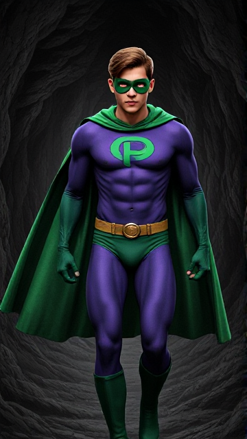 Dramatic Comic book scene: A young, Autistic 25-year old boy with light skin and flat, smooth, and slick brown hair with a singular curled bang in the shape of a P sticking out at the front named T.J. Granger, but transformed into a genetically-altered superhero named Powerman, who, despite still being a young adult kid, has an extremely muscular body. He wears a sleek purple bodysuit with a green P symbol on his chest, a golden belt with a circular buckle, green briefs, green boots, green long-cuffed gloves, a really big, toe-length long, ultra-wide green cape wreathed around his neck, and a green eye mask that protects his true identity and also causes his pupils to magically disappear as his eyes glow an eerie white. He also has incredible and invincible superpowers flowing through his veins. In this scene, Powerman is currently walking through a dark cavern, searching for a lost citizen that has been kidnapped.