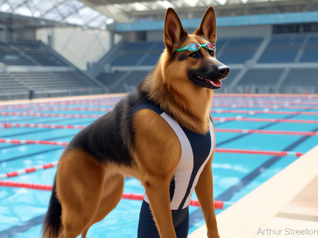 A tall and slender anthropomorphic long-haired German shepherd with a long torso and broad shoulders, wearing a racing swimsuit and swimming goggles while standing next to a Olympic-Sized swimming pool