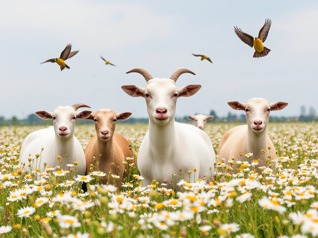 Create an image of goats in a field of daisies with honeyeater birds flying around