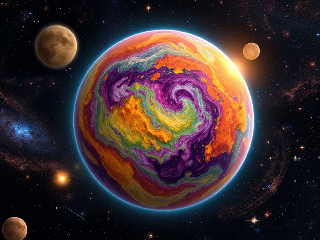 A vibrant cheese planet with detailed cheese craters and complex textures, surrounded by luminous cheese stars and swirling cheese galaxies in a dark cosmic background