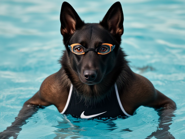 Anthropomorphic black German shepherd,wearing a Nike swimsuit and swimming goggles