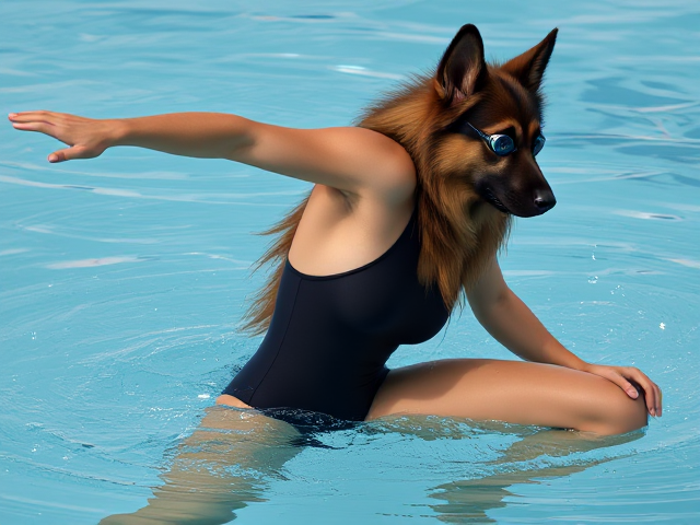 A anthropomorphic long haired German shepherd Olympic swimmer stretching her long torso, while wearing a one piece swimsuit and swimming goggles