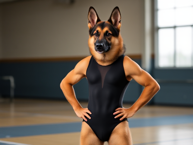 Anthropomorphic German shepherd wearing a gymnastics leotard, posing with emphasis on its hips in a gymnasium setting, detailed and vibrant colors