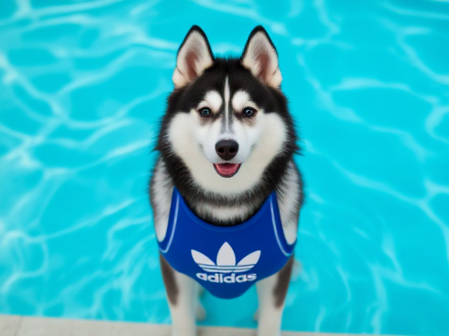 A cute anthropomorphic Siberian husky wearing an adidas swimsuit