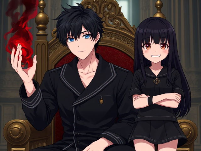 A young adult male with messy black hair and blue eyes sitting in a throne in a kingdom, his left hand has dark blood red, black flames coming from it and in his right hand is a small short sword, he is wearing a naval style all black with gold badge on it clothes and next to him is a girl his age with long black hair wearing a black very short skirt with her arms crossed standing with her face close to the camera and has a huge creepy grin and he is in the back, anime