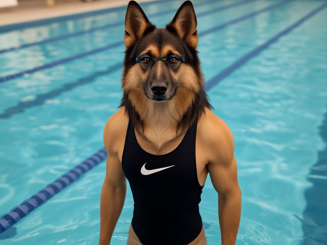 A tall anthropomorphic long haired German shepherd with a long torso and broad shoulders, wearing a high cut Nike one piece swimsuit and swimming goggles, in a Olympic swimming pool