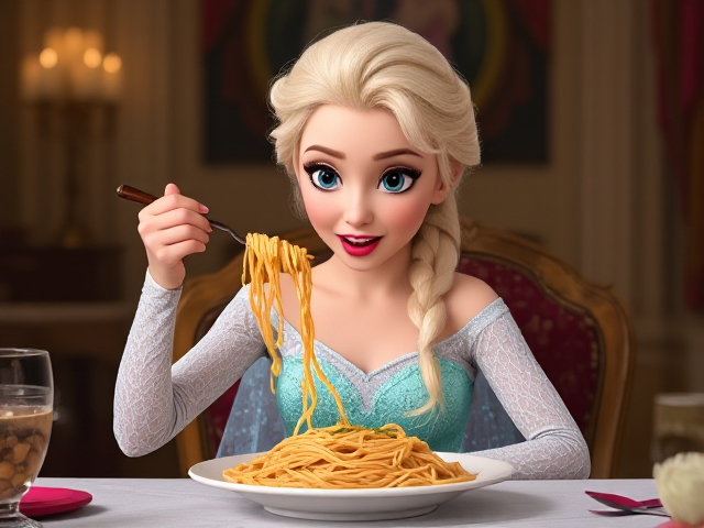 Elsa mange des spaghetti