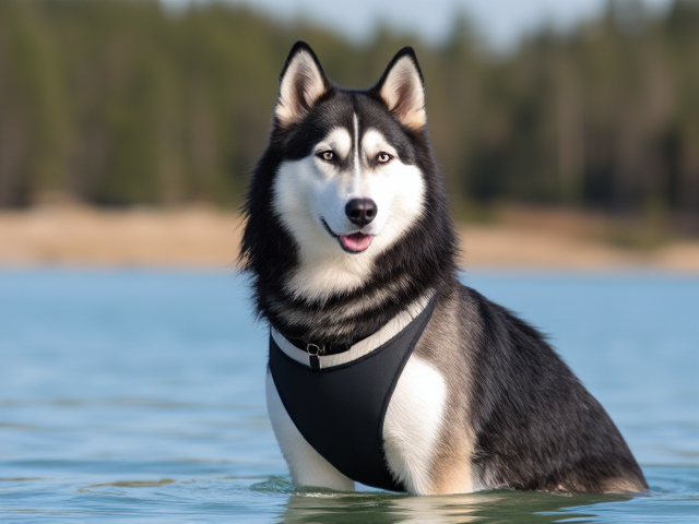 Tall Siberian husky wearing a swimsuit