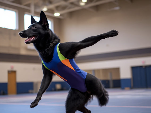Anthropomorphic black German shepherd wearing a colorful gymnastics leotard in a gymnasium, performing a graceful routine, dynamic lighting, detailed fur texture
