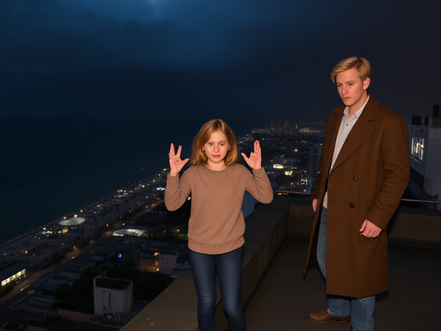 A petite 13-year-old girl with strawberry blonde hair, wearing a pullover and jeans, is standing on the roof ledge of a night club. Next to her on the roof, standing nearby is a modern-day, pale skinned vampire in his late twenties, with blonde hair, dressed in a brown trench coat and jeans. He appears uneasy as he looks at her. The girl gestures angrily at him, flailing her arms. A thunderstorm approaches the cityscape from the sea shore. Set at night.