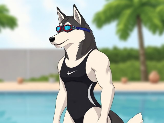 A tall Siberian Husky with a long torso and broad shoulders wearing a high cut Nike one piece swimsuit and swimming goggles