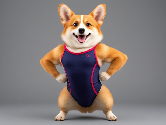 Anthropomorphic corgi with strong hips, wearing a gymnastics leotard, dynamic pose, vibrant colors, detailed fur texture