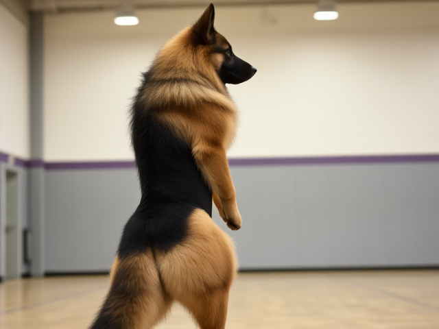 A anthropomorphic long haired German shepherd with large hips stands tall wearing a gymnastics leotard in a gymnasium