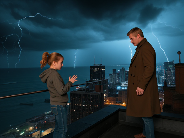 A petite 13-year-old girl with strawberry blonde hair in a ponytail, wearing a hooded pullover and jeans, is standing on the roof ledge of a night club. Next to her on the roof, standing nearby is a modern-day, pale skinned vampire in his late twenties, with blonde hair, dressed in a brown trench coat and jeans. He appears uneasy as he looks at her, holding his hands out and palms up, taking a step back. The girl gestures angrily at him with her hands, flailing her arms and scowling angrily at him in frustration. A thunderstorm approaches the cityscape from the sea shore. Set at night. The girl has a cut in her forehead.