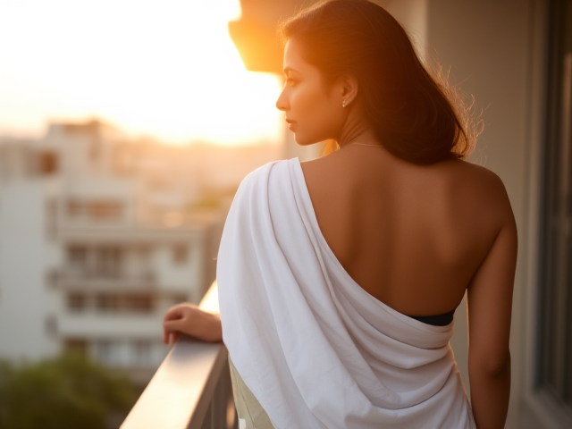 Skinny Indian woman's back turned on a balcony with a white saree on