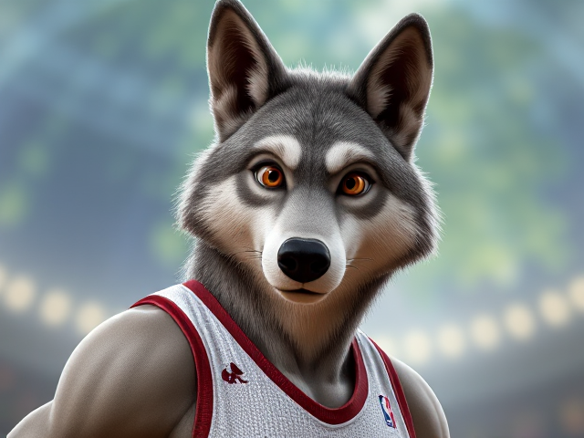 A tall and lean anthropomorphic gray wolf basketball player