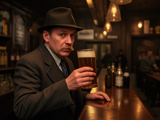 Realistic 1913 photo of a 55 year old, skinny German man, moustache, rounded bowler derby hat, wearing suit, standing at the end of a dark wood bar drinking a mug of beer in an old darkened saloon at night.