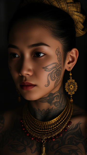 A striking close-up portrait of a young Asian woman in her late teens or early twenties. She is adorned with intricate, elaborate tattoos covering her entire face, neck, and torso, featuring rich, detailed designs reminiscent of traditional Southeast Asian motifs. Her skin appears smooth and slightly tanned. She wears a large, ornate gold necklace with layered beaded pieces and pendants, alongside earrings with intricate, detailed designs featuring a combination of gemstones and metalwork. Her hair is styled in a high, elaborate bun with a patterned design resembling feathers or sculpted elements. Her contemplative expression and serene, thoughtful mood convey a sense of strong feminine power and cultural heritage. The moody, dramatic lighting focuses on the subject, with shadows falling softly around her, illuminating the details in her face and jewelry. The background is softly, fashion