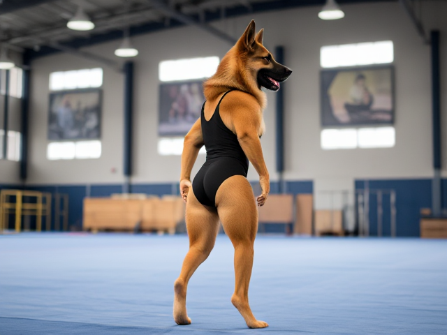 A anthropomorphic German shepherd with strong hips and strong shoulders wearing a gymnastics leotard in a gymnastics center