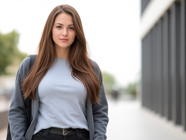 a thick bodied casually-dressed brown-haired college girl with curved lips
