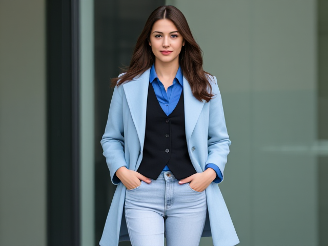 A brunette wearing a light blue coat and light blue jeans with a black vest and blue blouse