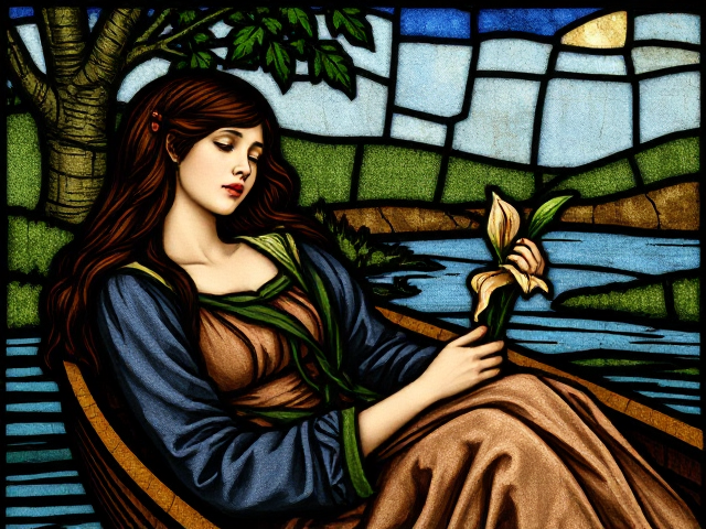 Medieval stained glass of a brunette teen girl holding a lily as she sleeps in a boat on a river