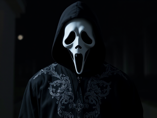 Good Ghostface costume, male, dark outside