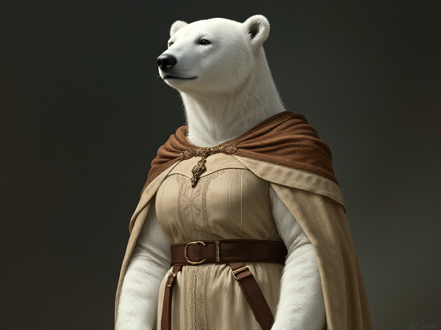 Image d'une femelle ours polaire 
Qui se tient debout de face 
Habillé en Jeanne d'Arc