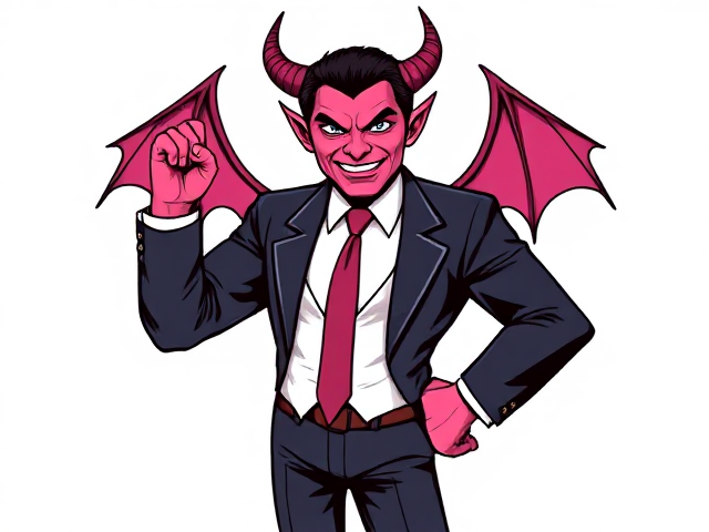 Handsome adult cartoon devil wearing a business suit with one half black and the other half pink, devil's skin is also half pink and half black, standing confidently