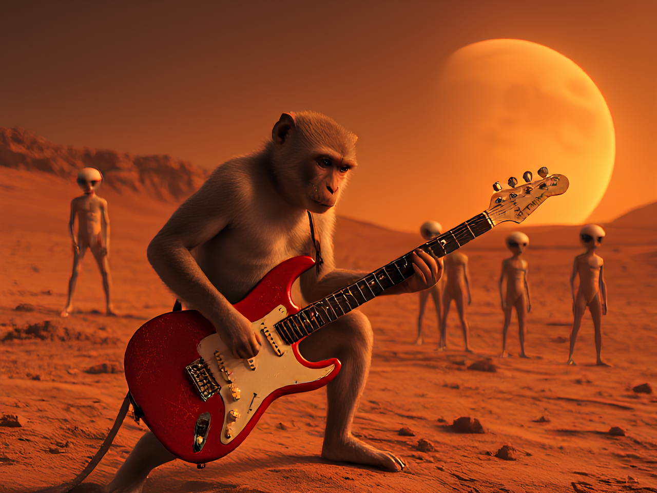 a monkey playing on a rockstar guitar on Mars for a bunch of aliens