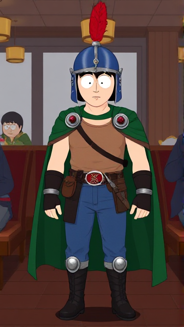 Dramatic South Park scene: Stan Marsh from South Park, light skin and black hair, but as a 14-Year Old teenager with a muscular body, dressed as a medieval warrior, wearing a light brown tank top, a black belt with a red buckle adorned with a castle emblem with brown pouches and the scabbard for his enchanted sword attached to it, blue jeans, steel armored boots, jeweled wrist cuffs, a really big, heel-length long, ultra-wide green cape held up by two silver buttons with red jewels with a strong unbreakable wire connecting them both, and a blue helmet with buffalo emblems on both sides, outlined by silver steel rims going around and across the top, with a really long red feather sticking out at the top. He is now known as Sir Marsh. Despite still being a young teenage kid, he is the Youngest Commander of the Zaronian Army, and one of the youngest and greatest heroes hailing from South Park, Colorado, but now reborn as the real life Kingdom of Kupa Keep, Zaron. In this scene, the young teenage hero is currently standing in a restaurant, awaiting the arrival of someone he knows.