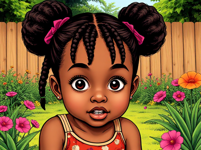 dessin d'une petite fille de 3ans, noire, avec les cheveux affros coiffés en deux chignons et trois nattes tombant sur son front, des yeux étirés jouant dans le jardin