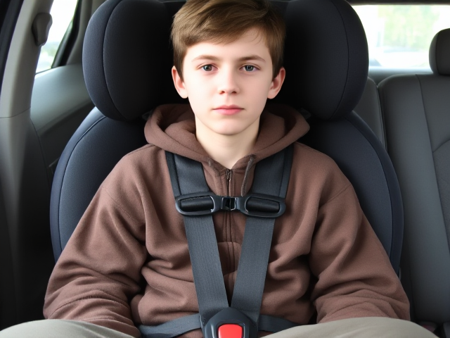 a skinny teenage boy wearing oversized, baggy clothes and a hoodie, sitting in a child’s car seat. He’s securely buckled in with a five-point harness, and the red buckle button stands out against the fabric of his clothing. His expression could be a mix of confusion and amusement, highlighting the contrast between his age and the seat he’s in. The harness is snug on his body. The harness features two straps over his shoulder, two straps on his hips, and one strap between his legs.
