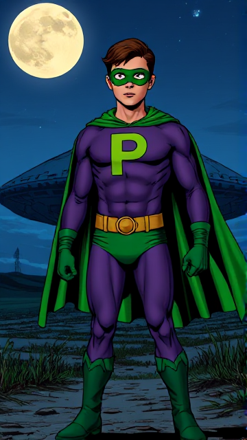 Dramatic Comic Book scene: A young, Autistic 25-year old boy with light skin and flat, smooth, and slick brown hair with a singular curled bang in the shape of a P sticking out at the front named T.J. Granger, but transformed into a genetically-altered superhero named Powerman, who, despite still being a young adult kid, has an extremely muscular body. He wears a sleek purple bodysuit with a green P symbol on his chest, a golden belt with a circular buckle, green briefs, green boots, green long-cuffed gloves, a really big, toe-length long, ultra-wide green cape wreathed around his neck, and a green eye mask that protects his true identity and also causes his pupils to magically disappear as his eyes glow an eerie white. He also has incredible and invincible superpowers flowing through his veins. In this scene, Powerman is currently standing in front of a crashed alien mothership on the outskirts of a farm at night, ready for action as he prepares to take flight for the first time and fulfill his destiny.