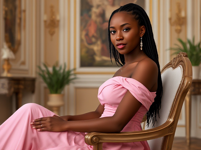 jeune femme noire de 19 ans avec des tresses, portant une élégante robe rose, assise gracieusement sur une chaise dans un environnement lumineux et détaillé