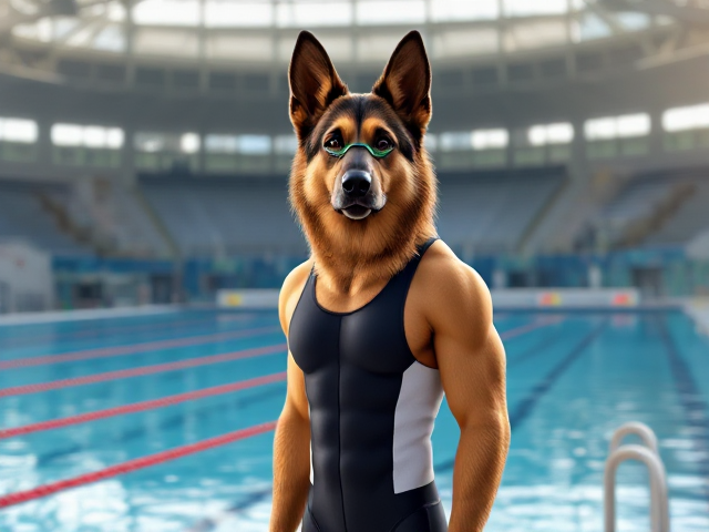 A tall anthropomorphic long-haired German shepherd Olympic swimmer with a long torso and broad shoulders, wearing a racing swimsuit and goggles while standing next to a Olympic-sized pool