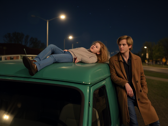 A petite, 12 year old girl with strawberry blonde hair, wearing a pullover and  jeans, laying on the roof of a green, 1987 Chevy van. She is on her back, staring up at the night sky, stargazing. Besides her sits a modern day vampire in his twenties, with blonde hair and wearing a brown trenchcoat and jeans. He looks down, uneasy.