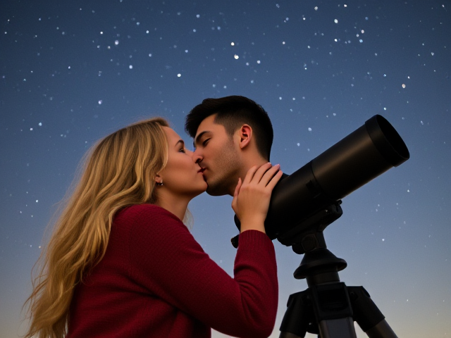 Show an image of a blonde 40 year old woman passionately kissing a taller man beside a telescope with stars overhead. The man is 6r with dark hair and is clean shaven