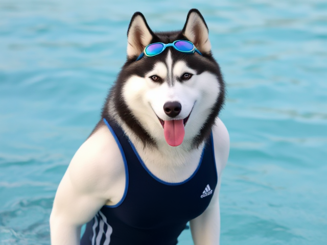 A anthropomorphic Siberian husky wearing an adidas swimsuit and swimming goggles
