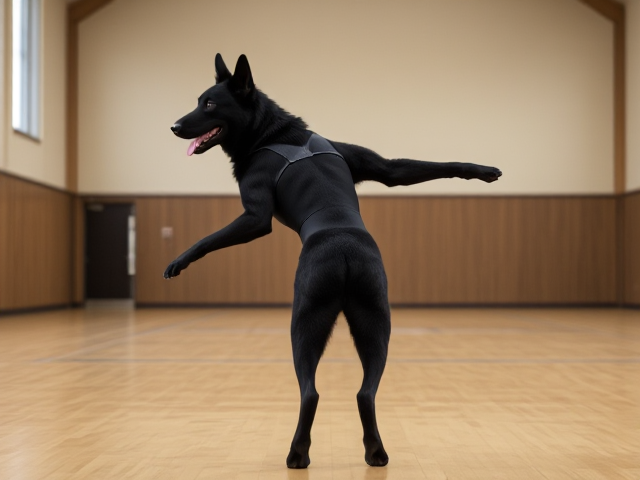Anthropomorphic black German shepherd, wearing a gymnastics leotard, performing in a gymnasium, dynamic pose