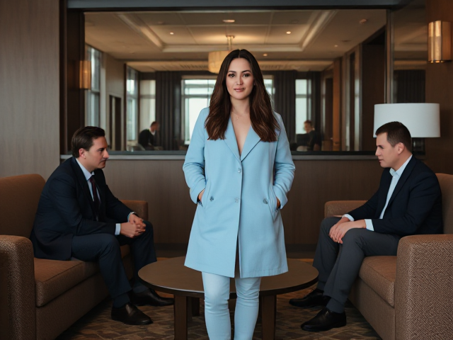 Brunette wearing a light blue coat and light blue jeans alone in a hotel meeting on couches  with a strange businessman