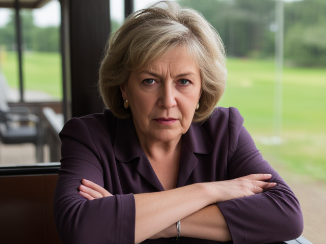 Crabby, mean looking, disapproving middle aged woman sits at a booth on a golf course