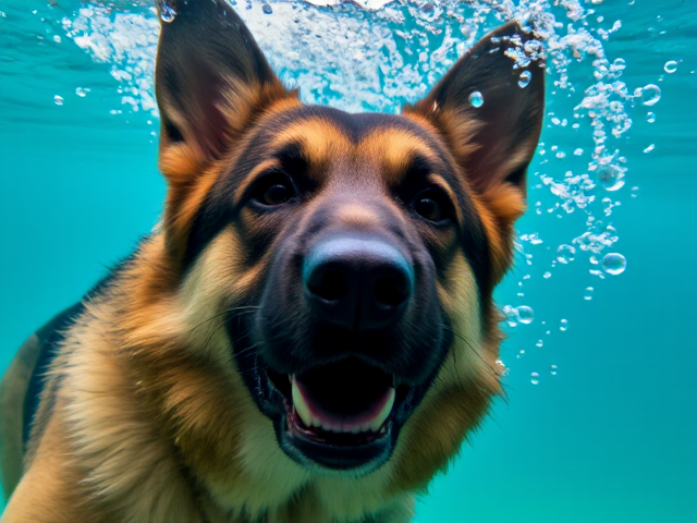 A German shepherd underwater, cheeks puffed as it holds its breath, surrounded by bubbles