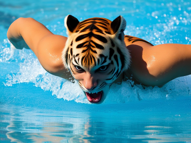 A female tiger Olympic swimmer doing the butterfly stroke