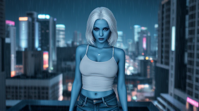 Create blue skin alien woman with white hair  and wearing a tank top and jeans outfit realistic. full body image,
