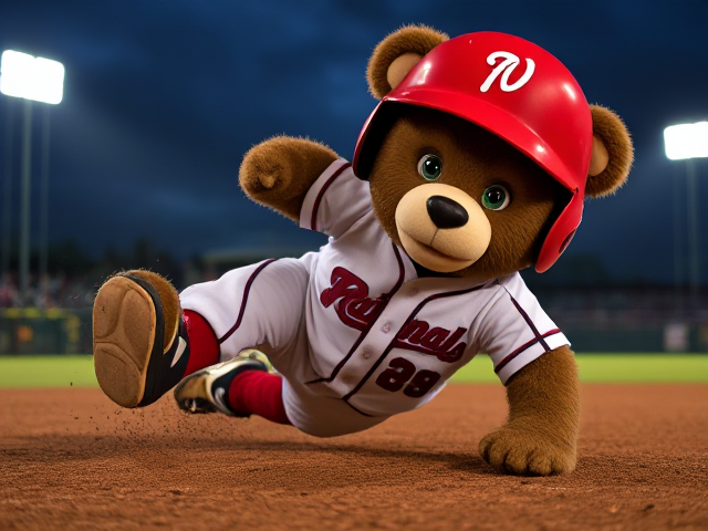 thin athletic human teddy bear 5 feet 5 inches tall dark creme fur green eyes wearing a nationals uniform red helmet with a white letter N logo white jersey with Nats written across the front in navy and red white baseball pants with red and navy piping down the sides red baseball socks navy and red baseball cleats diving headfirst on the dirt into second base on a minor league baseball field