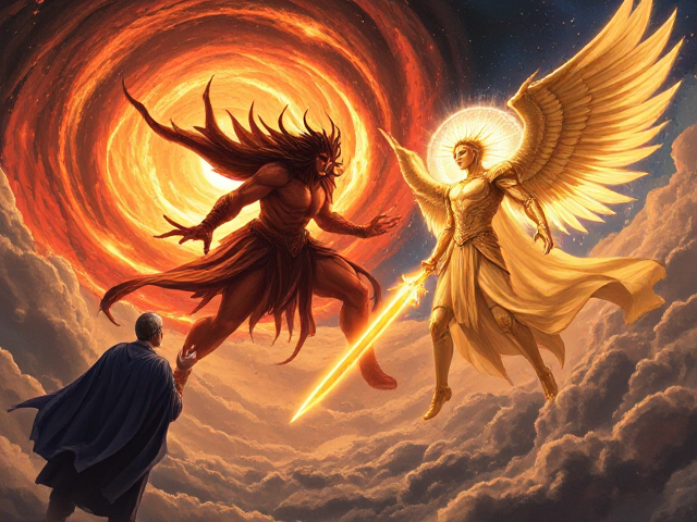 An epic celestial confrontation between powerful deities unfolds in a vast, cosmic battleground. One deity, cloaked in a swirling vortex of sinister shadows, emanates a malevolent energy, their eyes glowing with an eerie crimson light. Jagged tendrils of dark matter twist and coil around their form, ready to strike with devastating force. Opposing them stands a radiant figure of righteous brilliance, their armor gleaming like molten gold, casting beams of pure light that cut through the darkness. Their ethereal wings shimmer with iridescent hues, and their weapon—a blade infused with celestial fire—burns with unwavering resolve.

In the periphery, partially obscured by shifting clouds of cosmic dust, a third figure lurks in the shadows. This enigmatic presence, cloaked in flowing robes that merge with the void itself, observes the clash with calculating intensity. One hand hovers near an ancient artifact, charged with latent power, poised to intervene or tip the scales of battle. The heavens ripple with energy, stars dim under the weight of the divine conflict, and the very fabric of reality quivers in anticipation of an outcome that could reshape existence itself. (Far view)(Semi-realistic)(Anime style) (Water color)