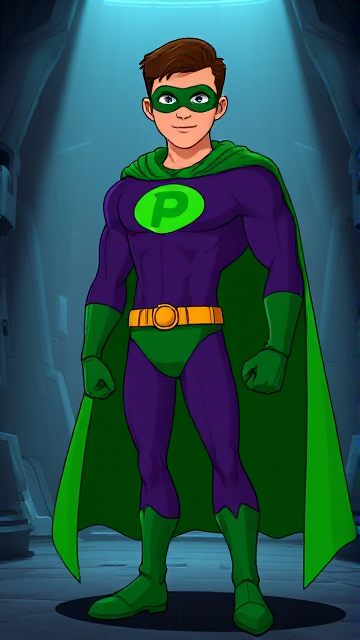 Cartoon scene: A young, Autistic 25-year old boy with light skin and flat, smooth, and slick brown hair named T.J. Granger, but transformed into a genetically-altered superhero named Powerman, who, despite still being a young adult kid, has an extremely muscular body. He wears a sleek purple suit with a green P symbol on his chest, a gold belt with a circular buckle, green briefs, green boots, green long-cuffed gloves, a really big, toe-length long, ultra-wide green cape wreathed around his neck, and a green eye mask that protects his true identity. He also has incredible and invincible superpowers flowing through his veins. In this scene, Powerman is currently standing in his secret high-tech underground lair, awaiting a call from his masters about his next mission.