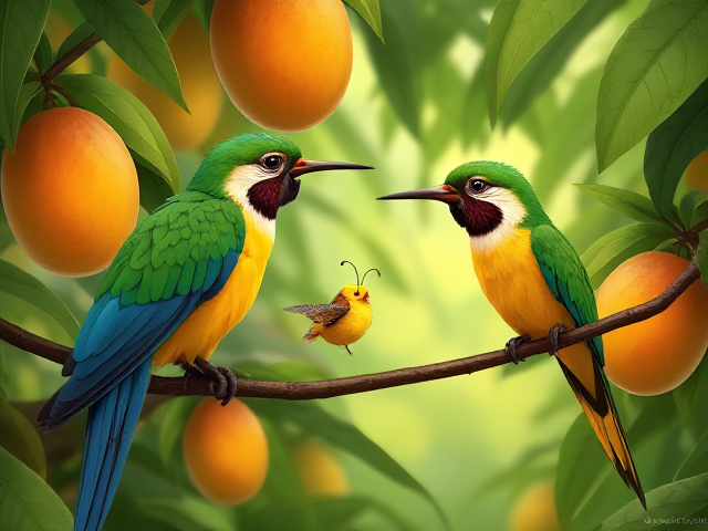 In the scene there's  an Allen's hummingbirtogether in a mango tree together. There is ripe mango fruit in the trees They are  all animatedly talking to each other in the tropical forest while displaying subtle signs of sadness through their postures and facial expressions while looking and talking to the 1 hummingbird that is positioned in between the parrot and butterfly.  The art  styled like an illustrated children's book with vibrant colors, full illustration, 4k, conceptual art, Soft lighting, 2d.